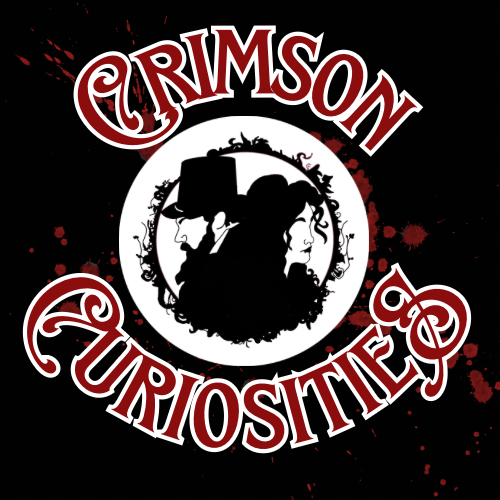 Silhouettes of a man and woman with a circular background, surrounded by text 'Crimson Curiosities' and red splatters.