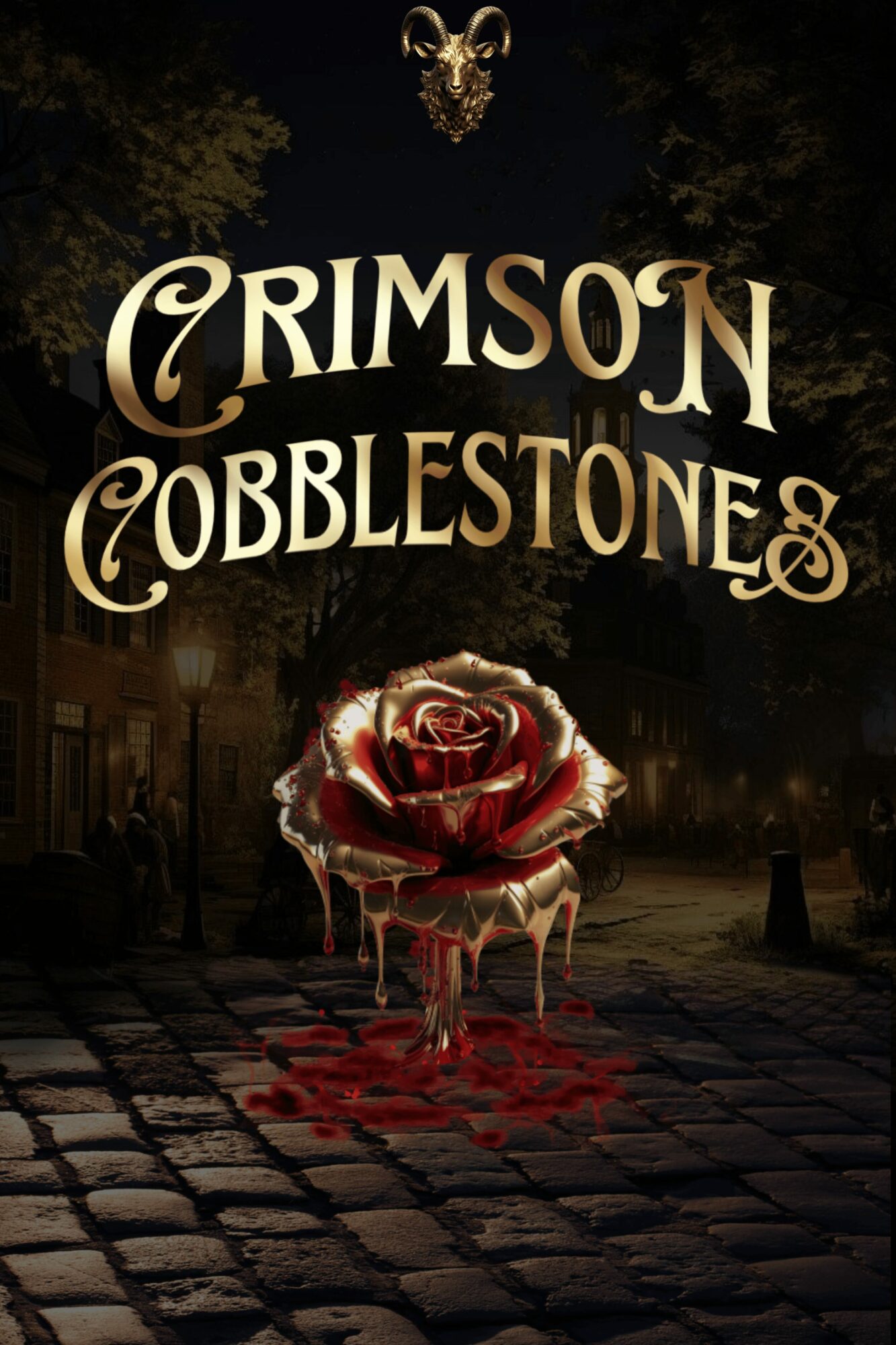 Title text for 'Crimson Cobblestone' with a rose dripping blood on a dark street background.