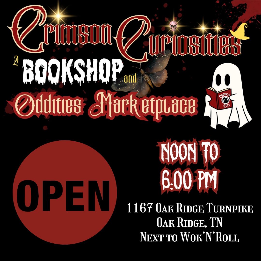 Sign for Crimson Curiosities, a bookstore and marketplace, with an open sign, address, and hours from noon to 6 PM.