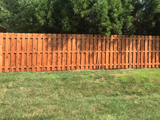 Wooden fence with green trees behind and a grassy lawn in front.